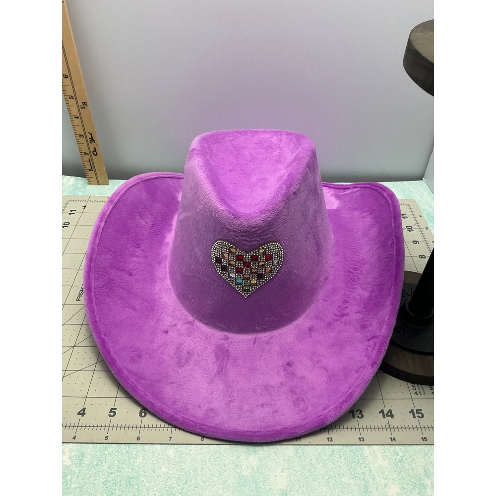 Purple Fuzzy Velvet Cowboy Hat Rhinestone Heart Star Embellished Western Glam - Picture 7 of 7